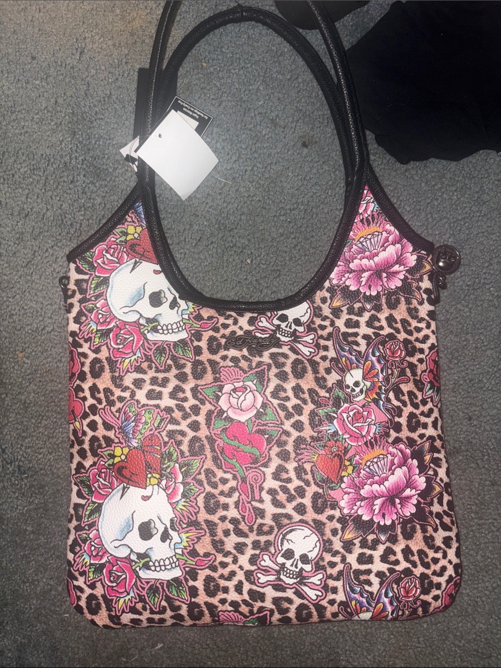 Ed Hardy Leopard Skull Floral Shoulder Bag in Pink and Black